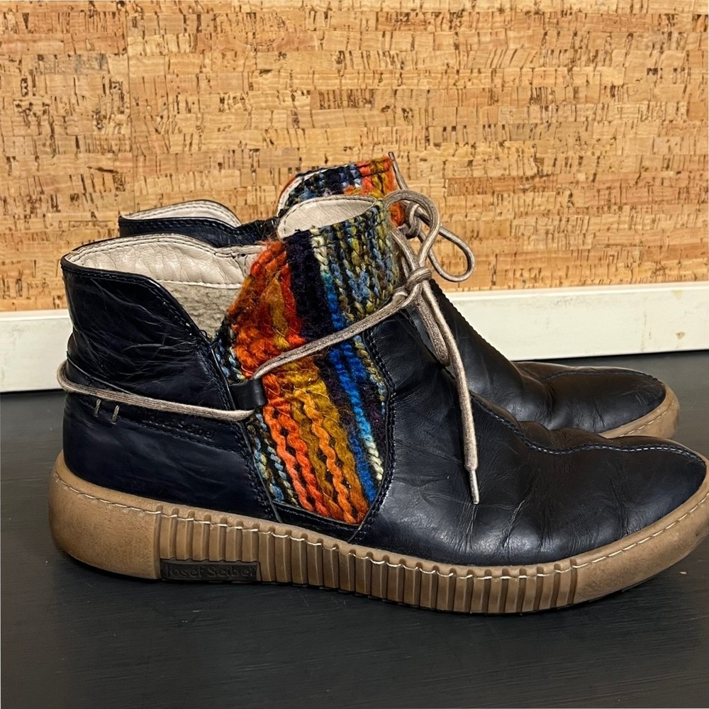 Josef Seibel Ankle Boots Women Size 41‎ Navy Leather Textile Accent Zip Lace Up